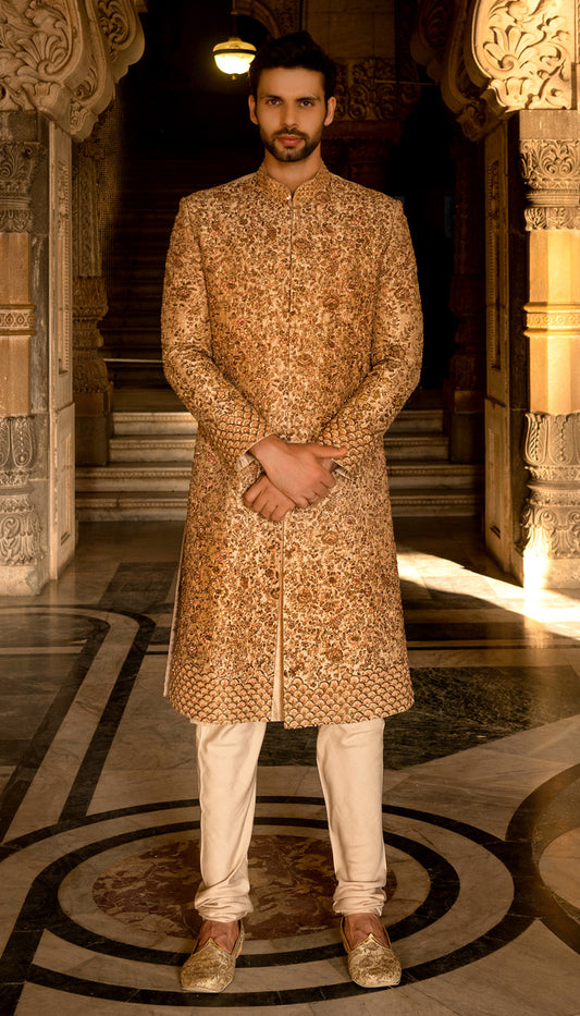 Muted Ivory Raw Silk Sherwani with Aari & Zardosi Embroidery in Garden Roses