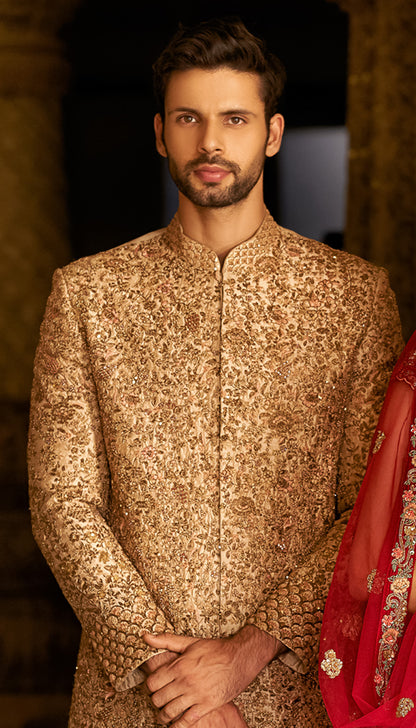 Muted Ivory Raw Silk Sherwani with Aari & Zardosi Embroidery in Garden Roses