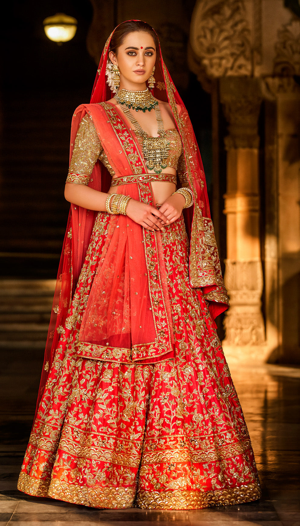 Sindoor Red Lehenga with Wild Roses and Floral Hem, Paired with Naaz Blouse and Blush Pink Tulle Headveil