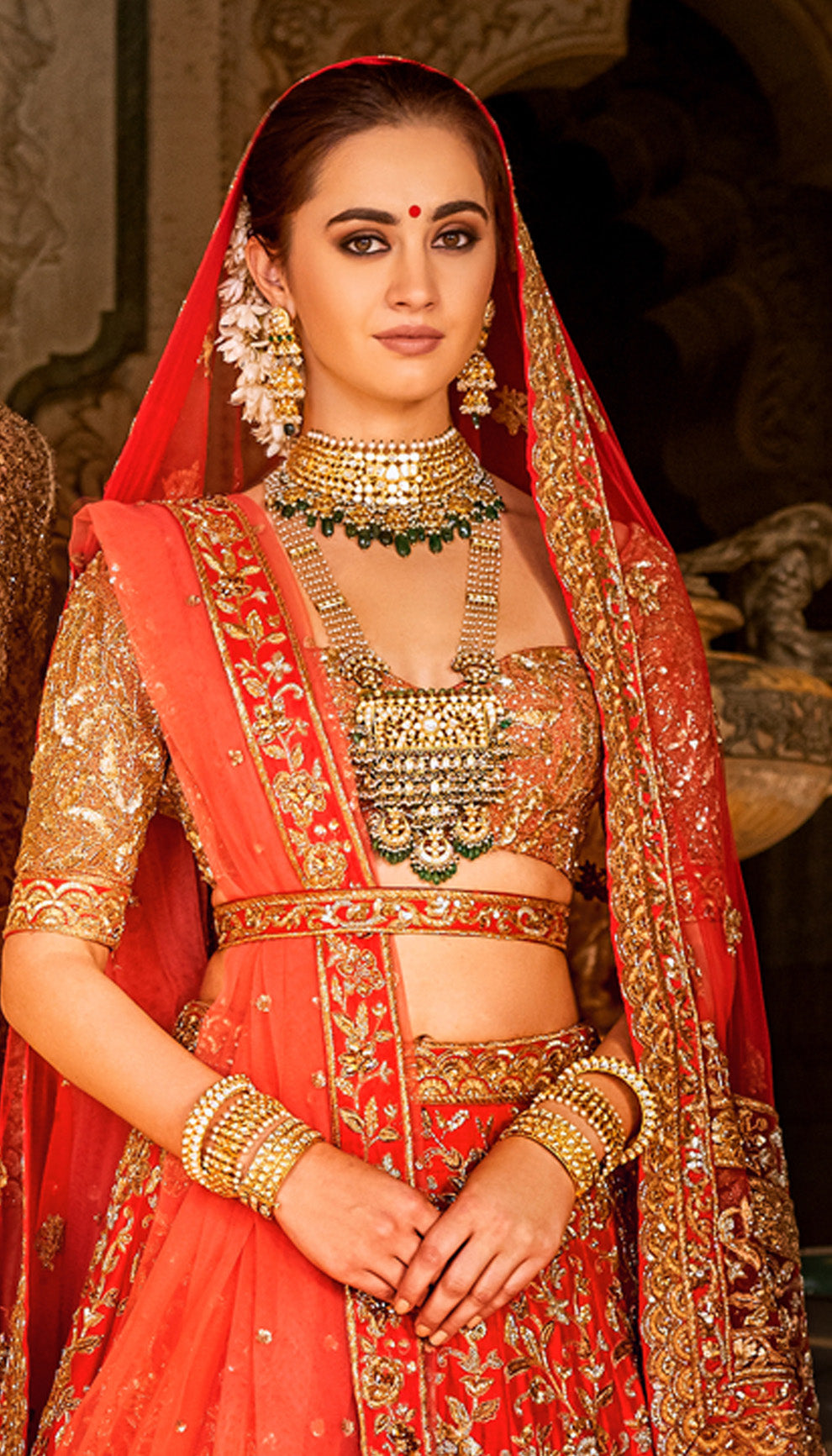 Sindoor Red Lehenga with Wild Roses and Floral Hem, Paired with Naaz Blouse and Blush Pink Tulle Headveil