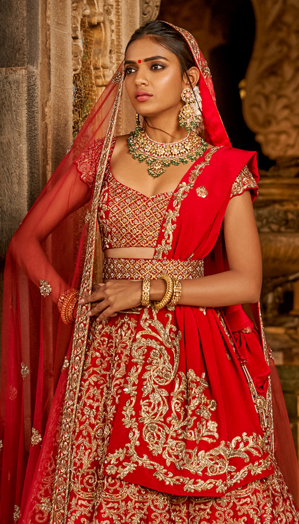 Classic Red Raw Silk Lehenga with Aari & Zardosi Inspired by 18th Century Pillar Carvings