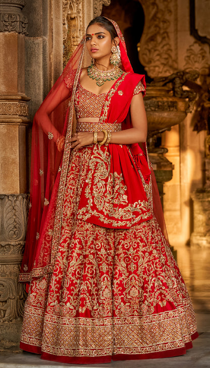 Classic Red Raw Silk Lehenga with Aari & Zardosi Inspired by 18th Century Pillar Carvings