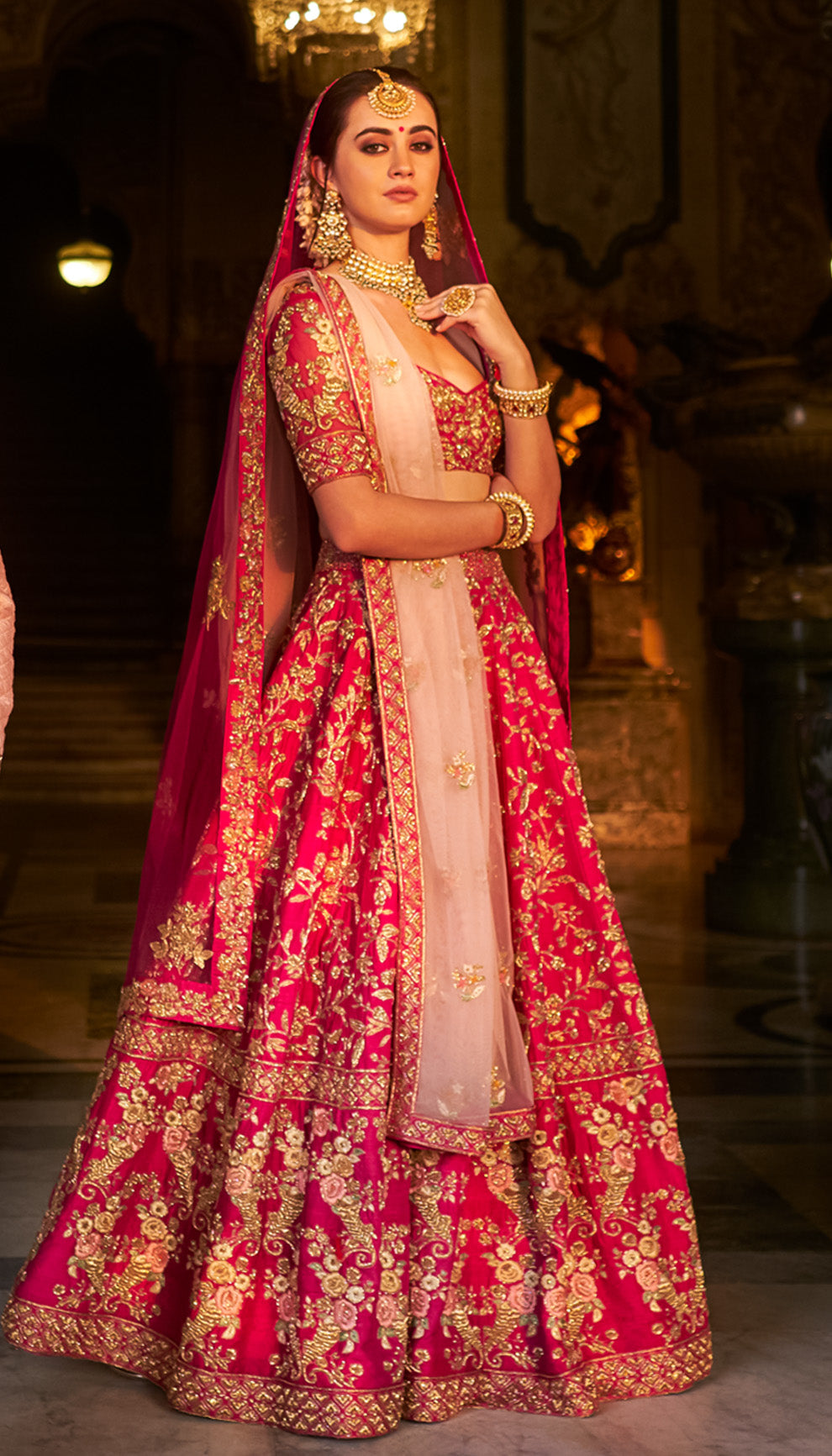 Rani Vaav Lehenga: Pink Raw Silk with Pillar-Inspired Carvings & Bareek Jaal Cholee