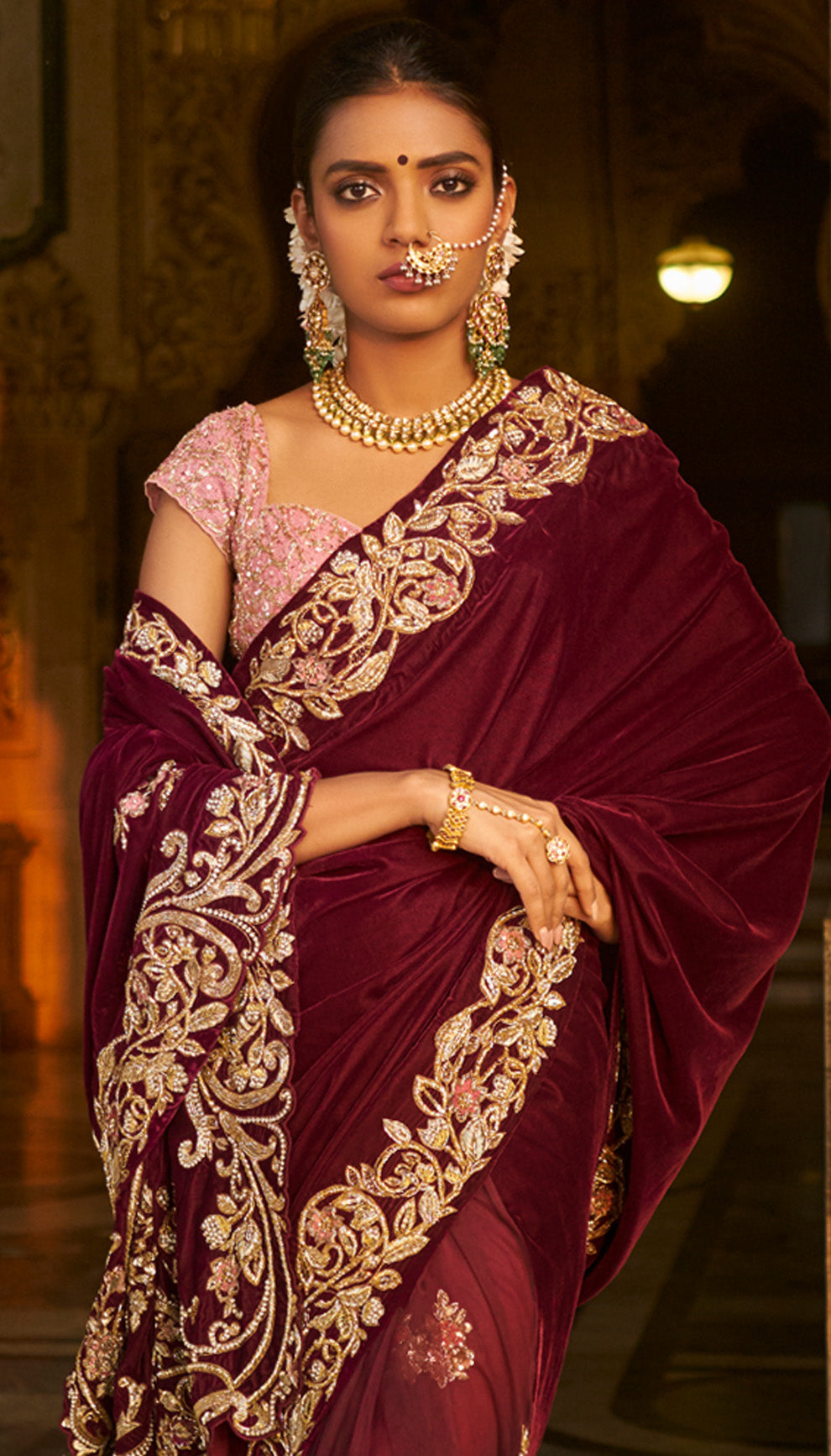 Rich Wine Velvet Sari with Zardosi Bel Kinaar and Elaborate Pallu Embroidery