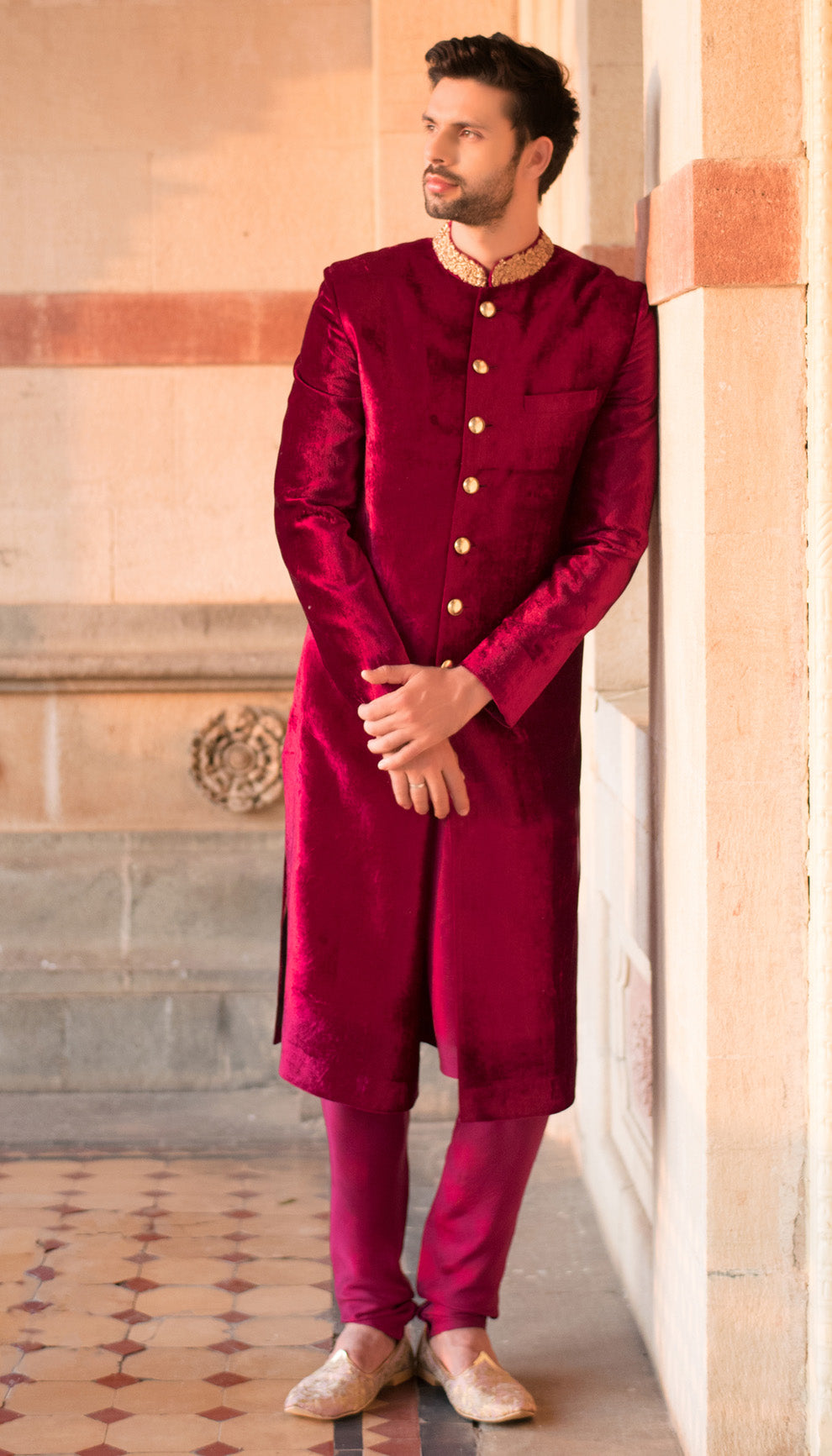 Wine Rose Velvet Sherwani with Signature Shyamal & Bhumika Jeweled Buttons