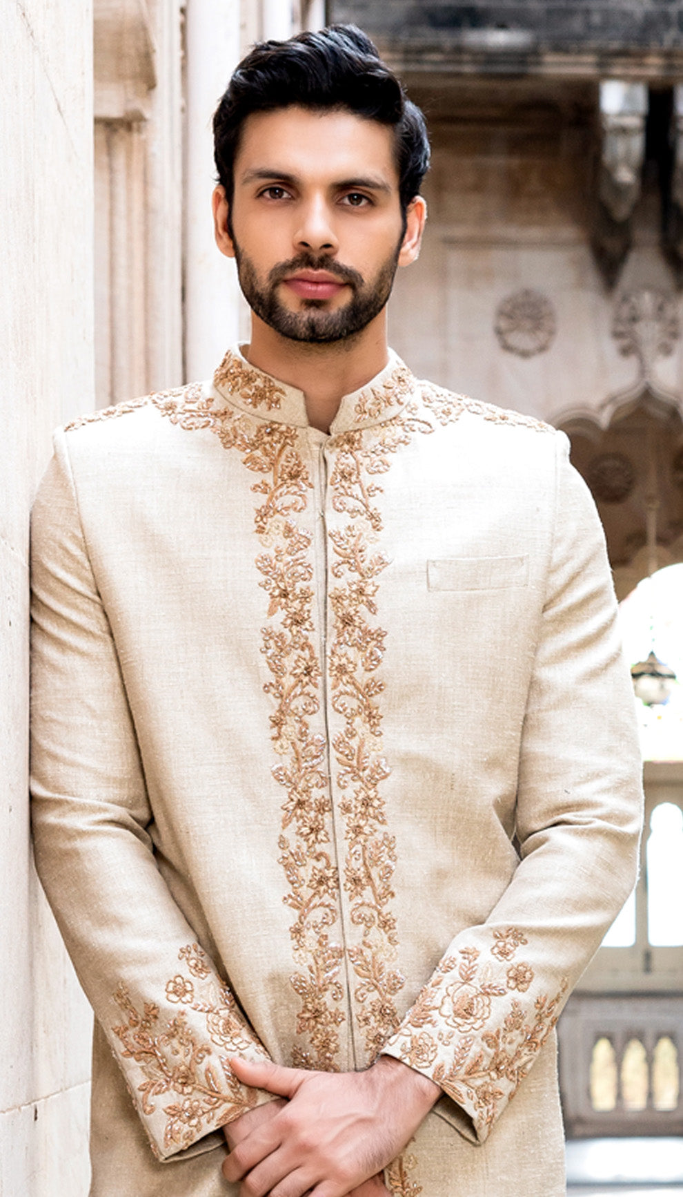 Classic Matka Silk Sherwani with Peeta and Resham Border