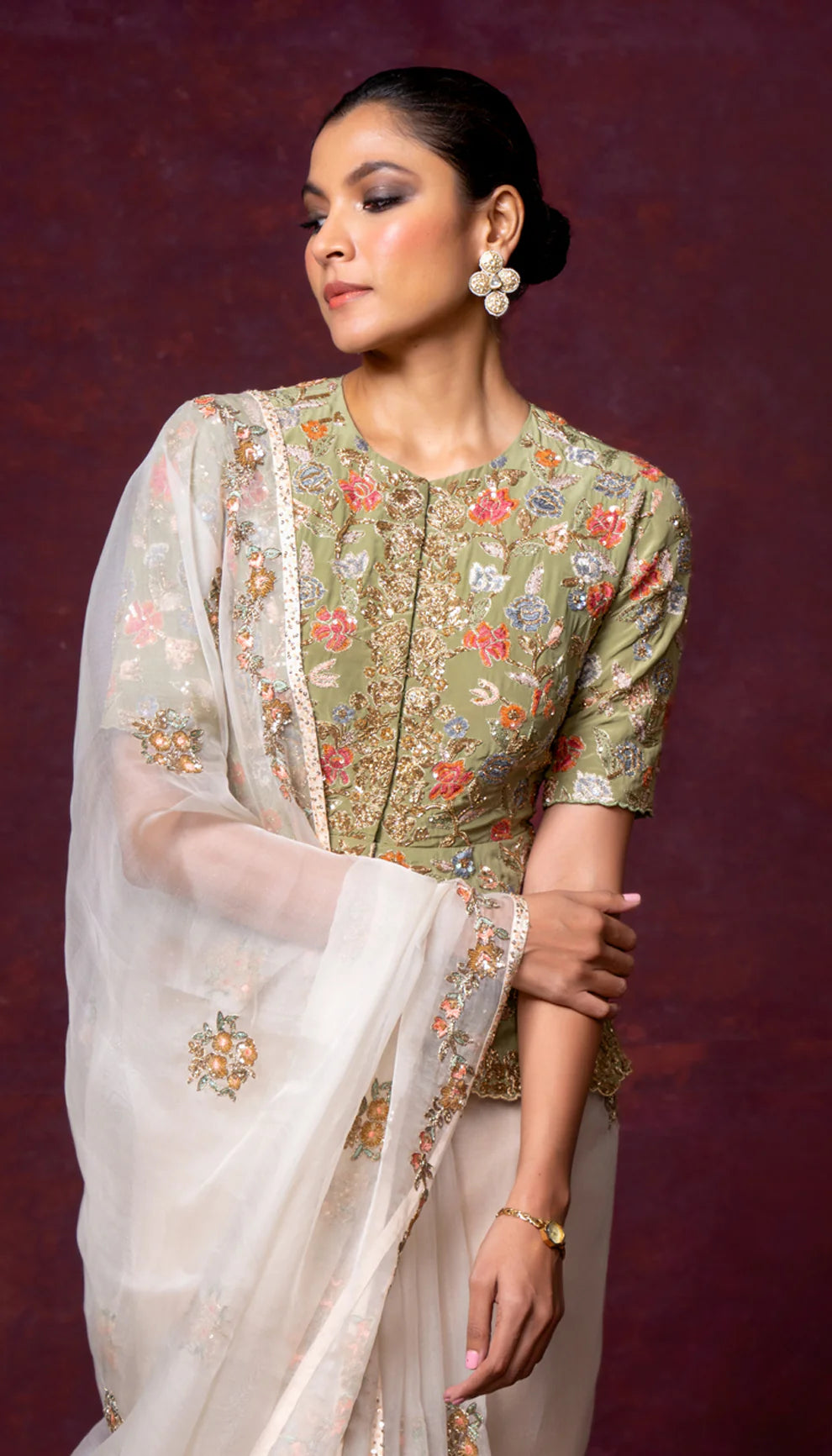 An Ivory Organza with Embroidered Resham Florals