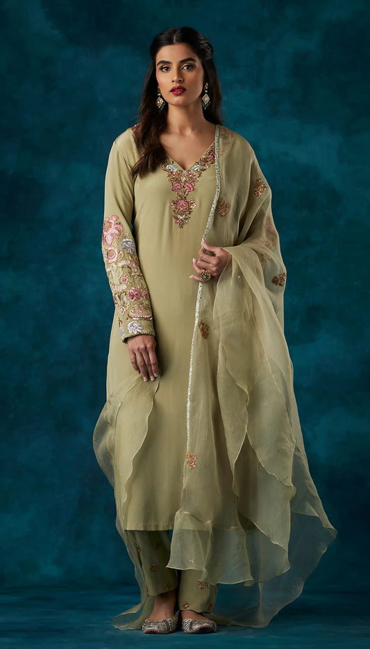 Olive Crepe Silk Kurta