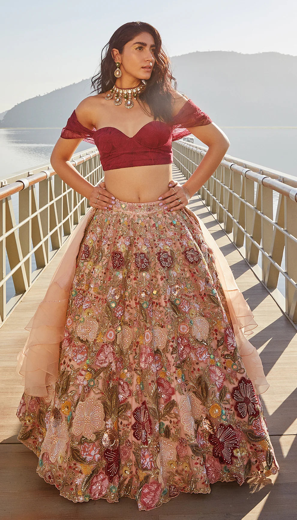 Pale Pink Floral Tulle Lehenga