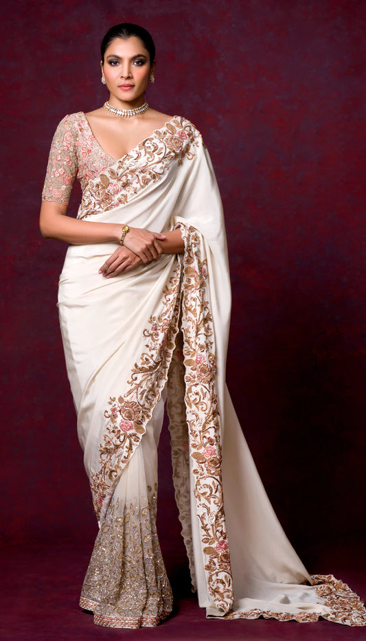 A Serene Ivory Crepe Silk Saree