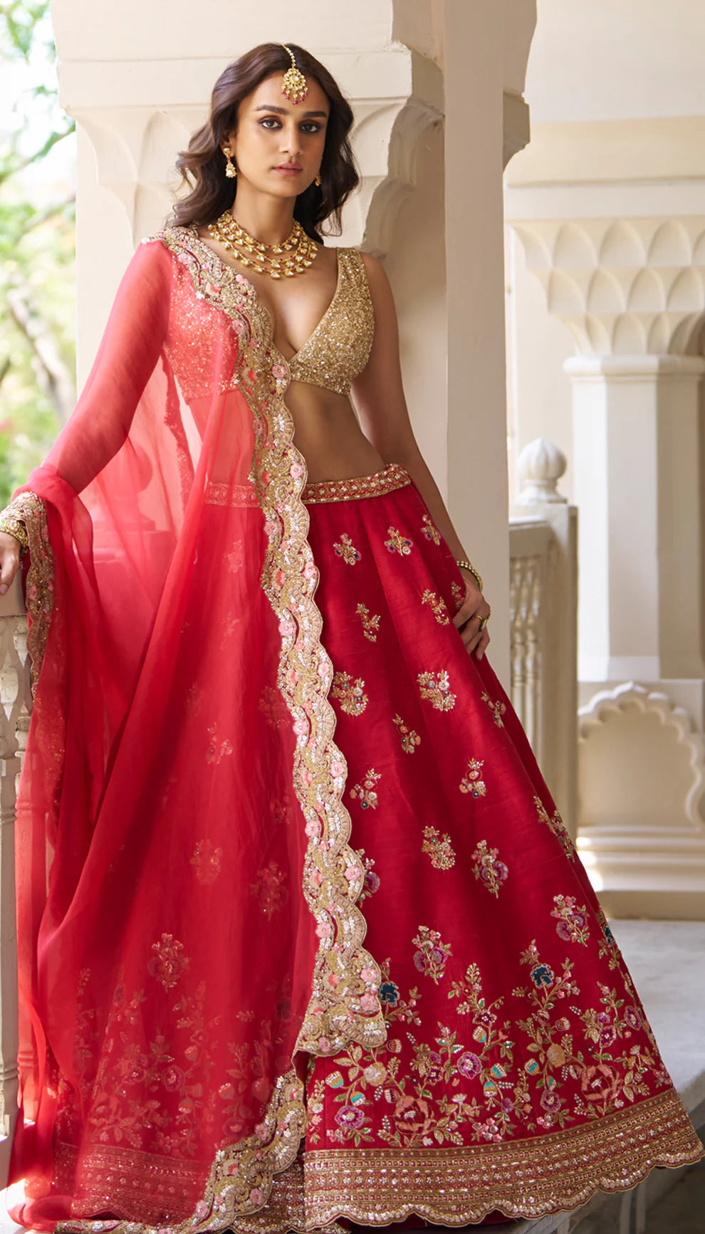 Red Raw Silk Scallop Lehenga