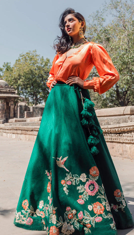 Emerald Green Raw Silk Lehenga