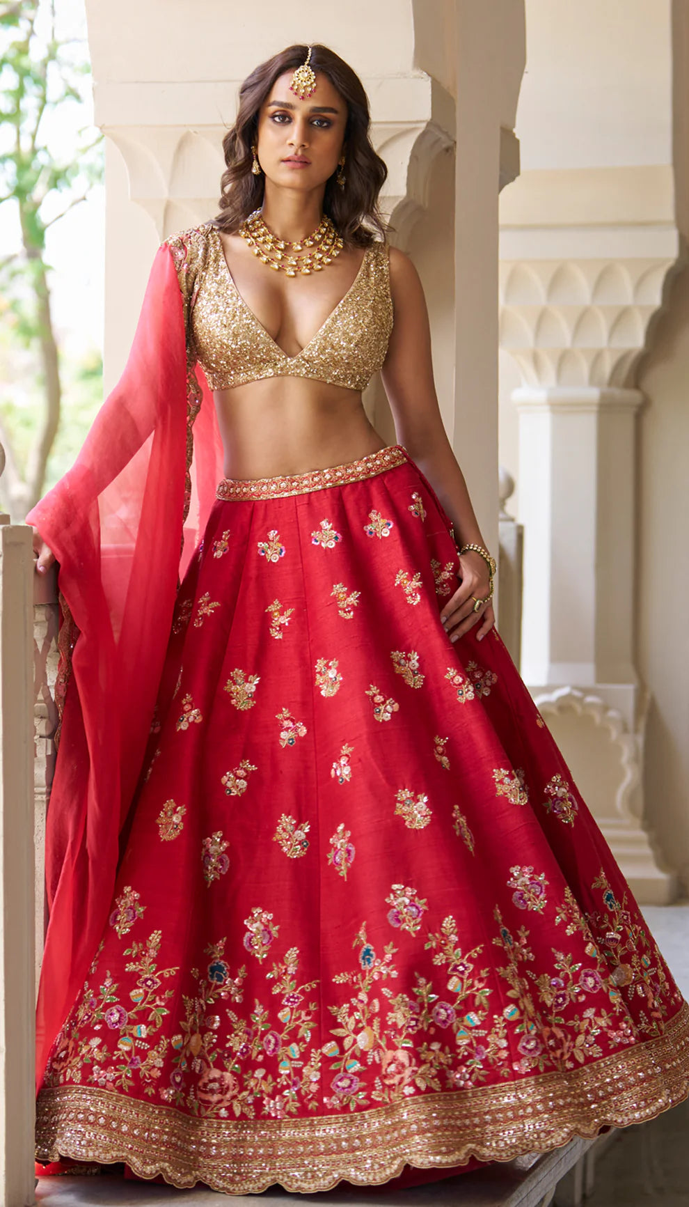 Red Raw Silk Scallop Lehenga