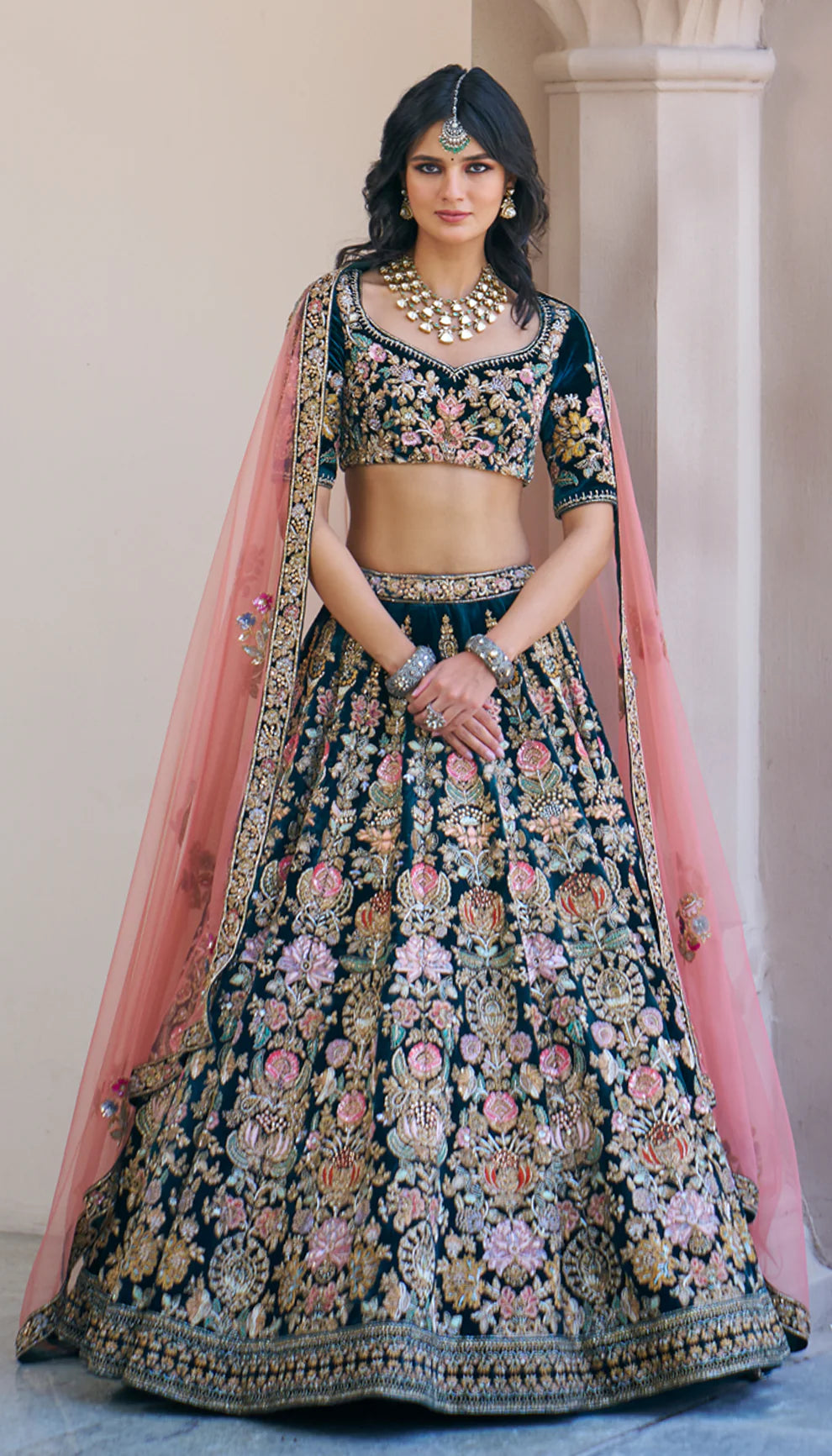 Deep Green Velvet Lehenga