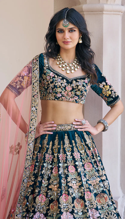 Deep Green Velvet Lehenga