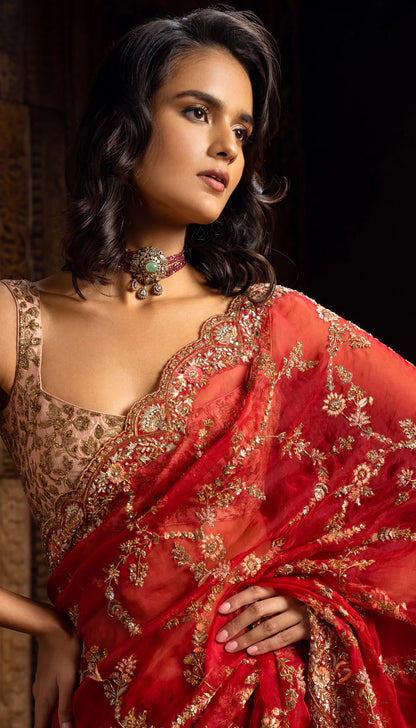 Red Jaal Lehenga Saree