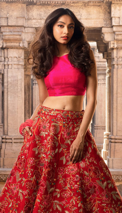 Rich Pink Raw Silk  Lehenga