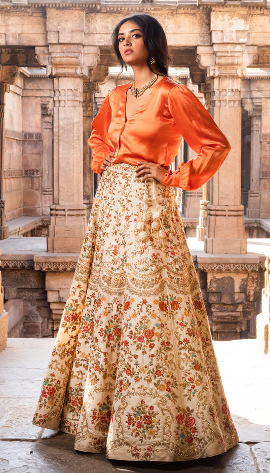 Vintage Cream Raw Silk Lehenga