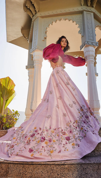 Pale Pink Raw Silk Lehenga