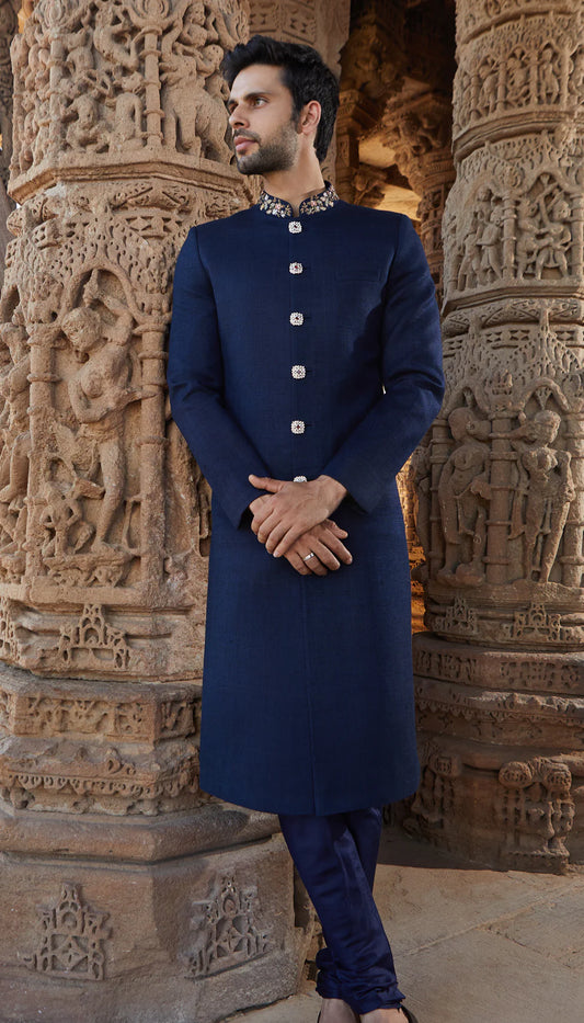 Navy Blue Jewelled Buttons Sherwani