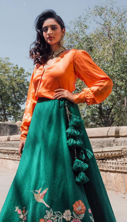 Emerald Green Raw Silk Lehenga