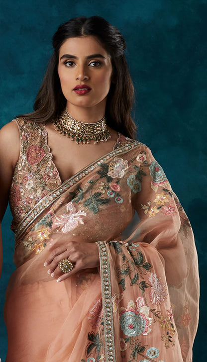 Peach Organza Saree