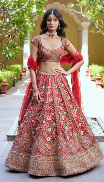 Red Temple Lehenga