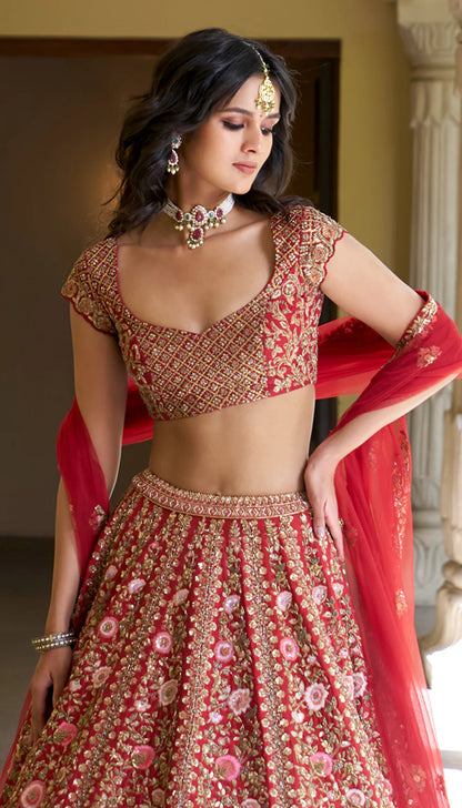 Red Temple Lehenga