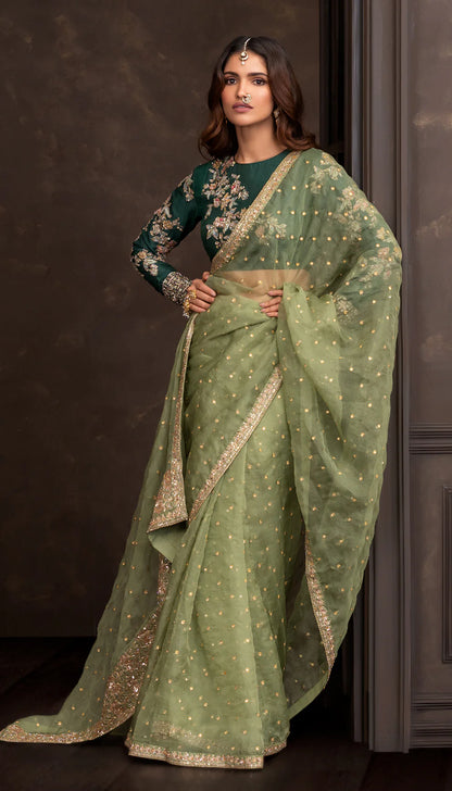 Olive Crystal Aari Saree