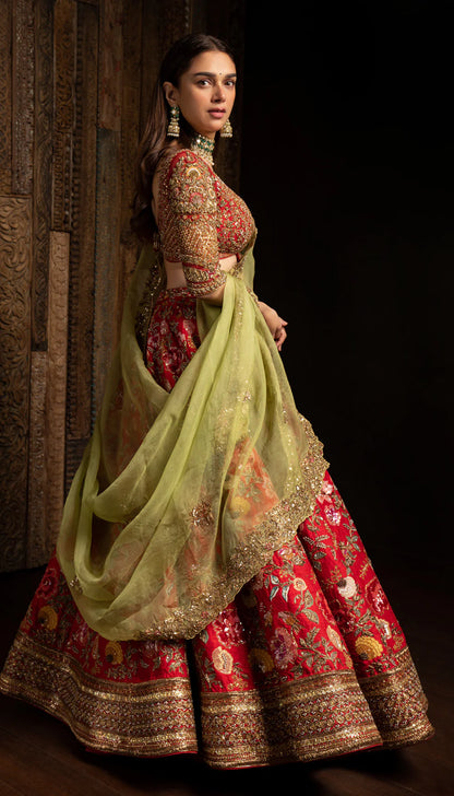 Red Bageecha Lehenga