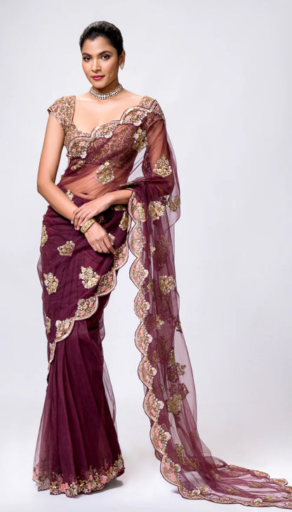 A Sheer Wine Tulle Saree