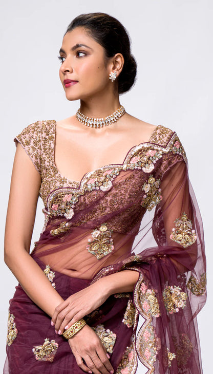 A Sheer Wine Tulle Saree