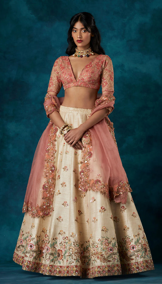 Ivory Floating Border Lehenga