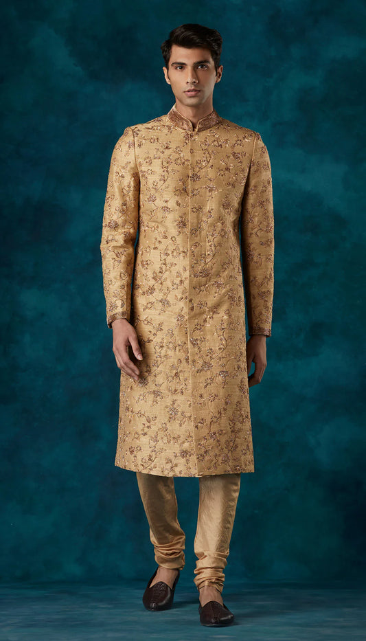 Beige Raw Silk Jaal Sherwani