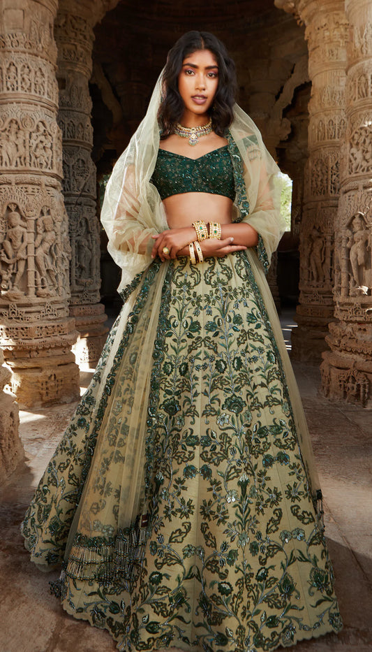 Sage Green Vintage Rose Lehenga