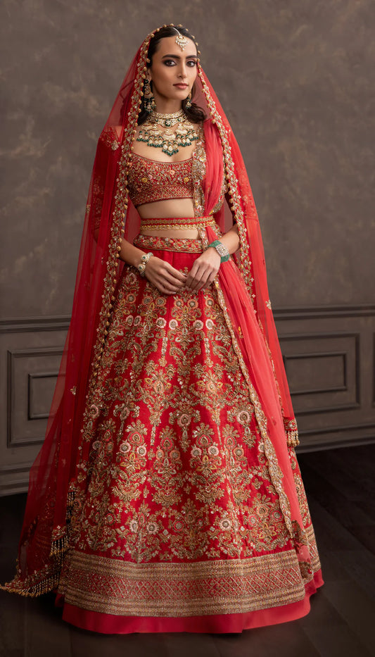 Red Rosette Lehenga