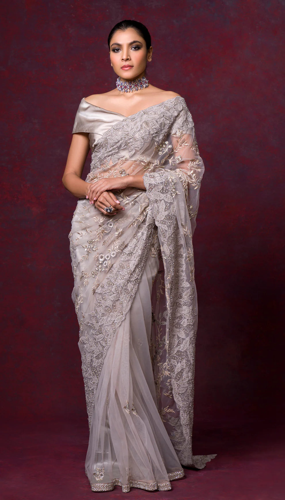 A Mood Grey Tulle Saree with Tonal Thread Work