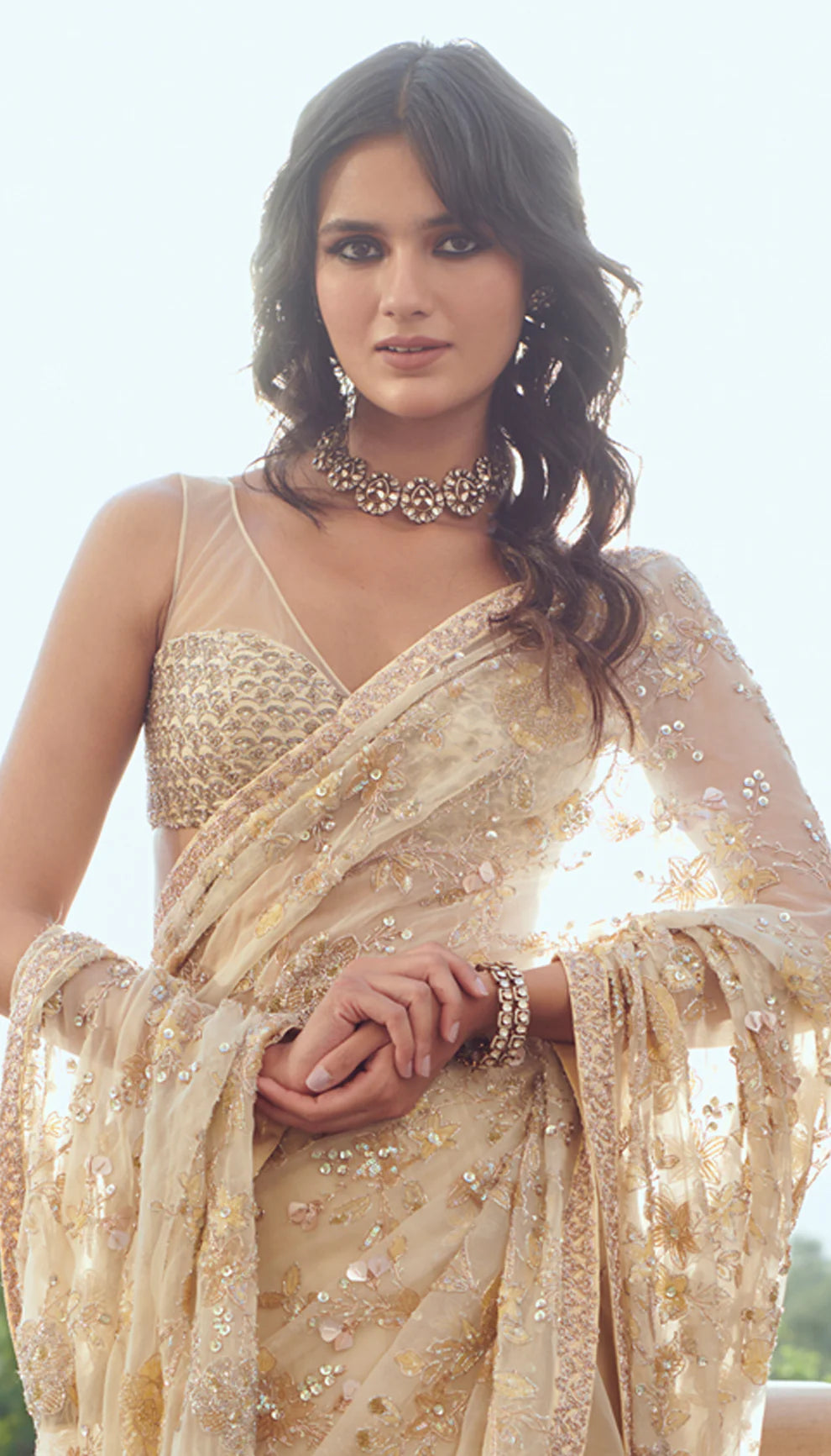 A Beige Silk Organza Saree