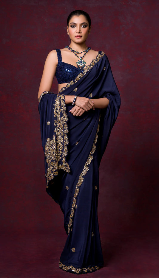 A Stellar Navy Blue Crepe Silk Saree