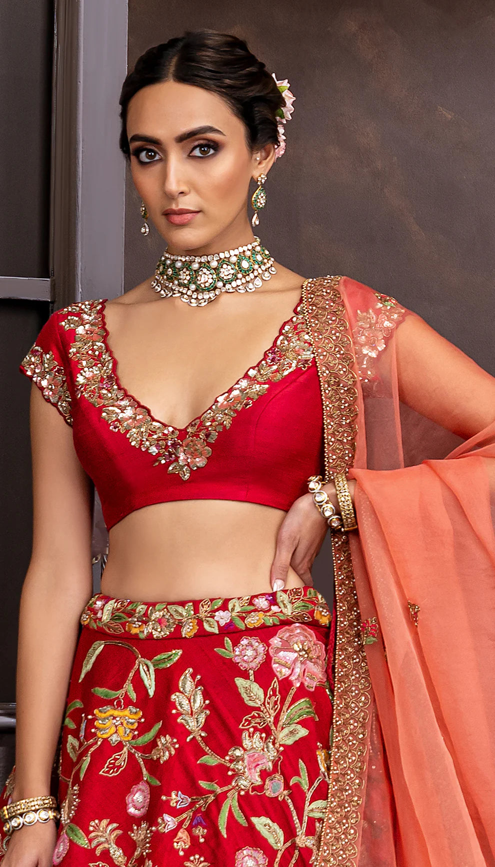 Red Bias Jaal Lehenga