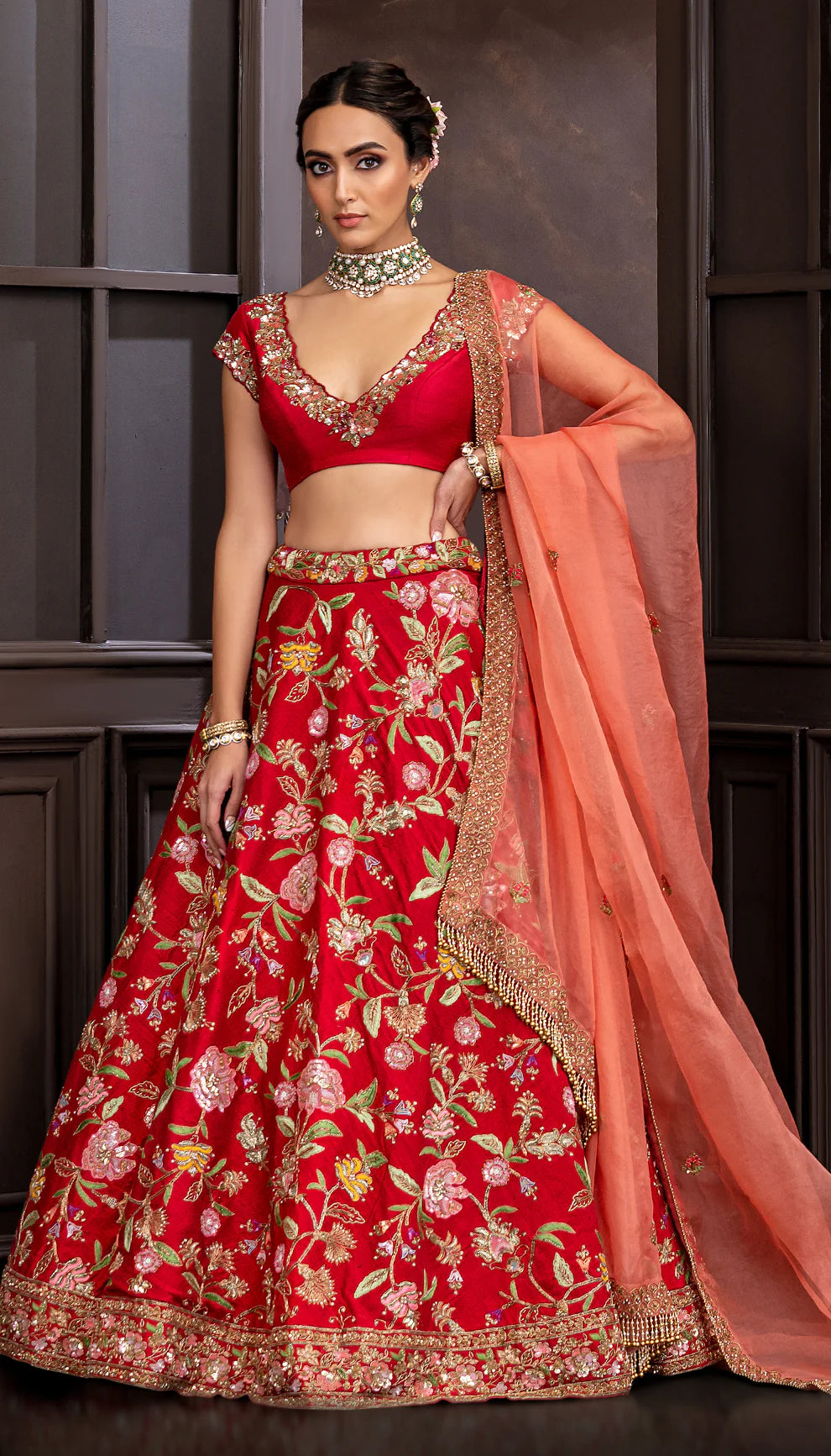 Red Bias Jaal Lehenga