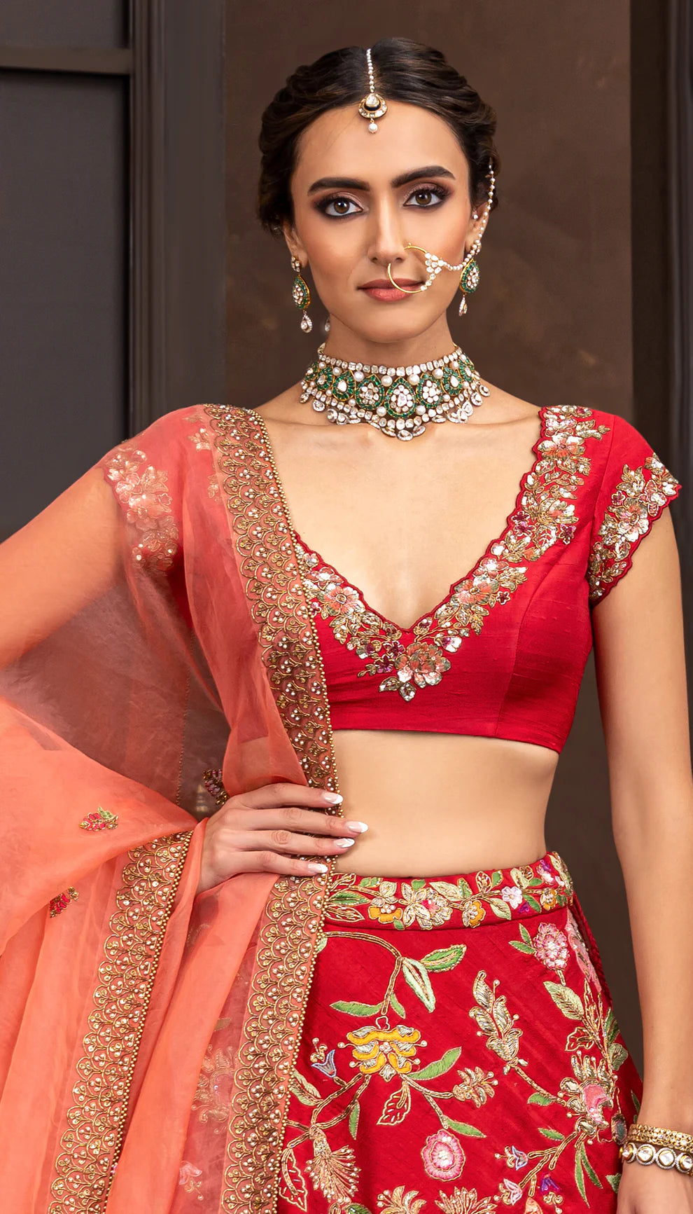 Red Bias Jaal Lehenga