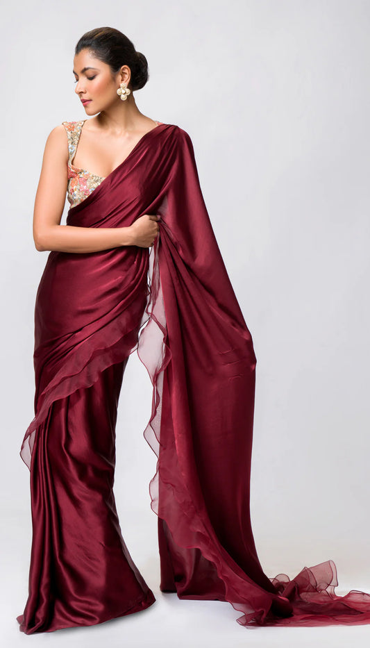 A Whimsical Wine Hued Satin Saree