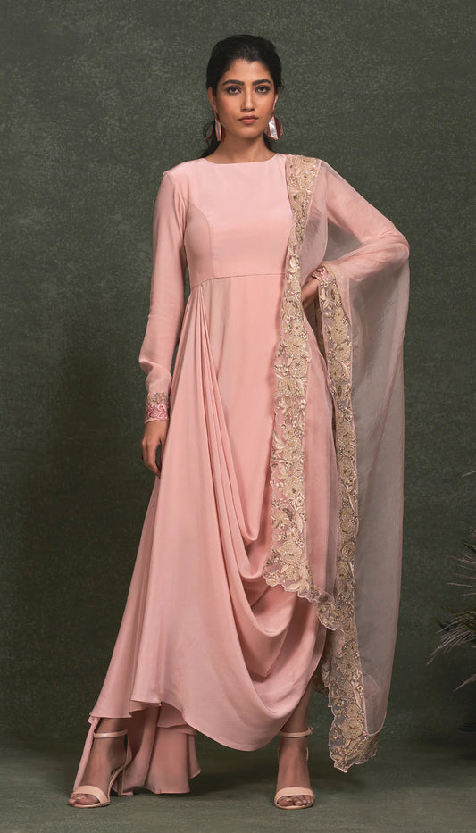 Powder Pink Crepe Silk Cowl Dress