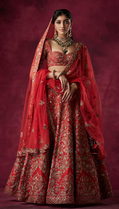 Red Architectural Lehenga