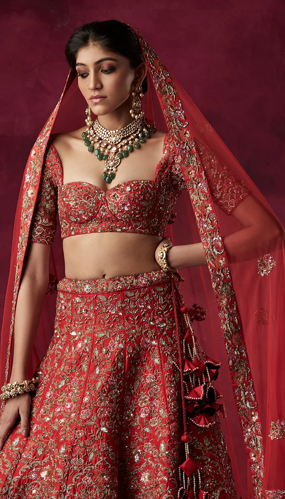 Red Architectural Lehenga