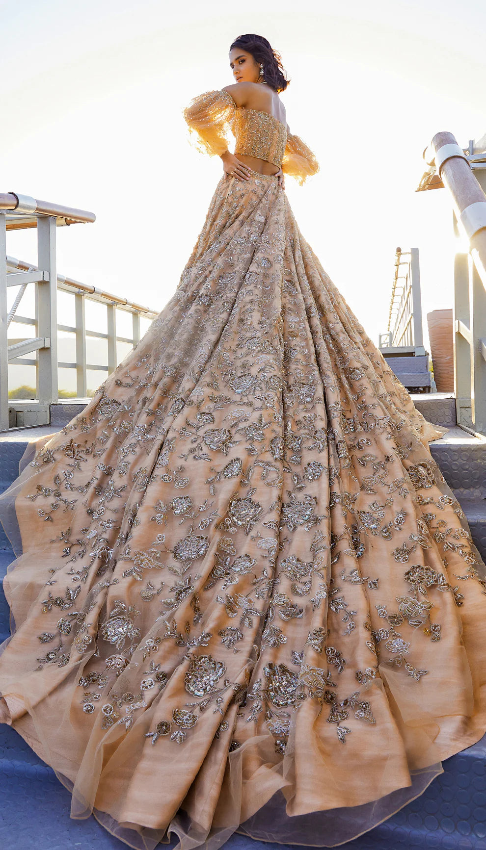 Champagne Gold Tulle Trail Lehenga