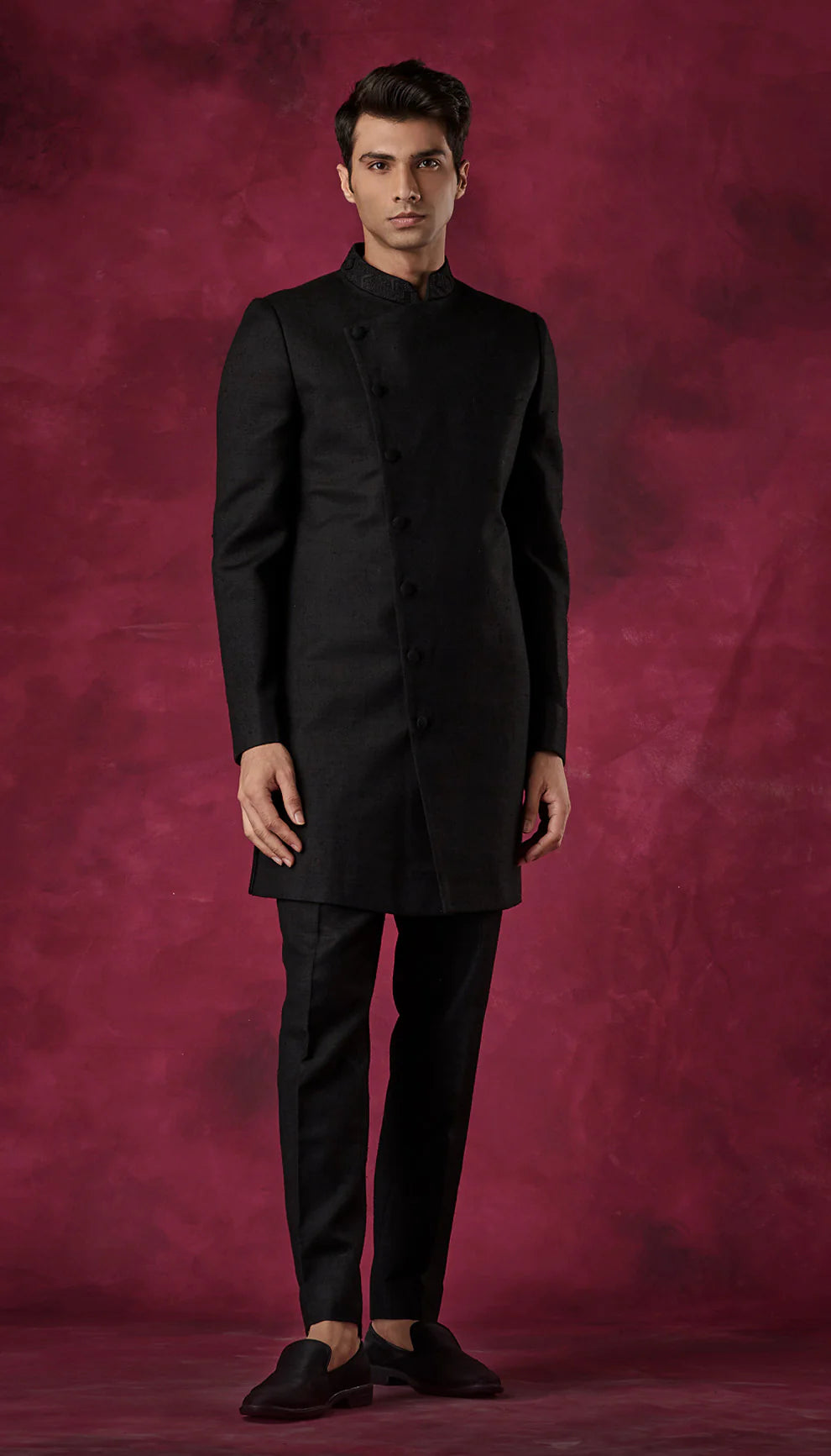 Black Matka Silk Overlap Sherwani