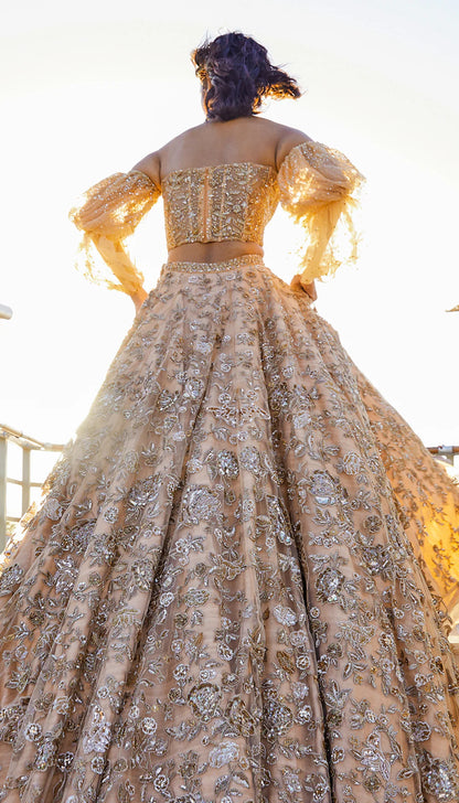 Champagne Gold Tulle Trail Lehenga