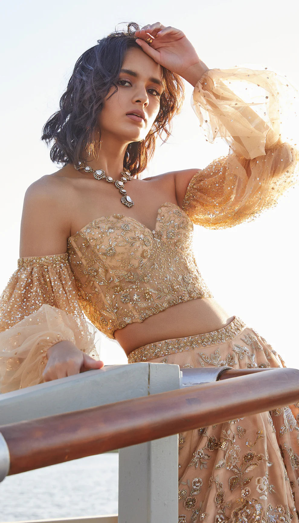 Champagne Gold Tulle Trail Lehenga